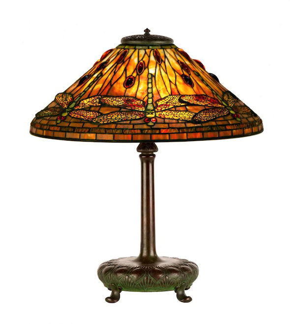 Tiffany Dragonfly Leaded Glass and Bronze Table Lamp