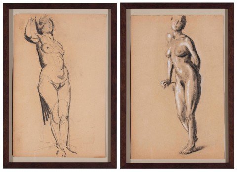 Pair of Charcoal Drawings (Standing Nude, Leaning Nude)