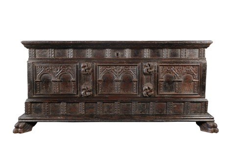 17thc./18thc. Italian Walnut Cassone with Carved Classic Motifs