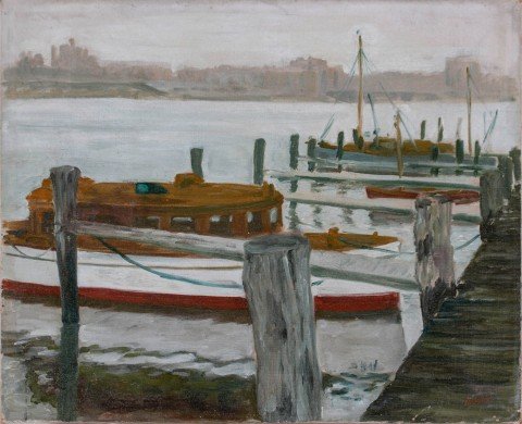 Boats at City Dock, Early 20th Century American School 