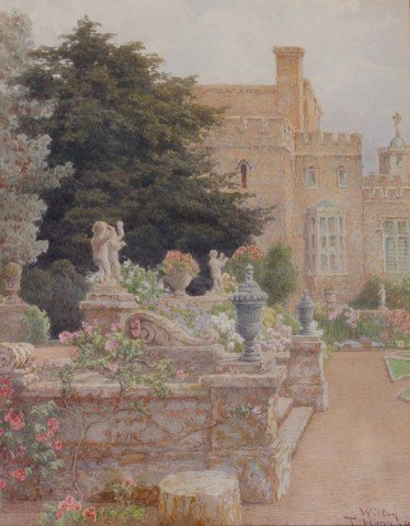 Thomas Henry Hunn (British 1857-1928)  Wilton, Garden Steps with Outdoor Sculpture and View to the House