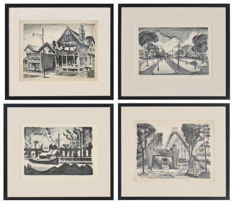 Four lithographs of Cleveland sites, 1946 by Martin Louis Linsey