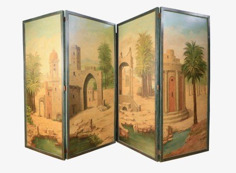 A Four Panel Painted Screen Depicting an Exotic Landscape