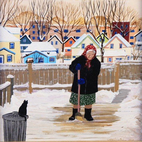 Marija Zajac (American 20thc.) - Woman In a Babushka Sweeping Snow