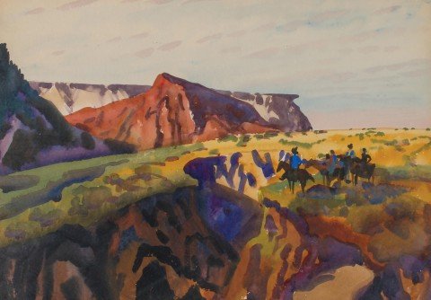 Landscape Watercolor and Gouache on Paper Painting: 