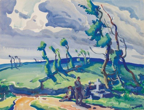 Figurative Landscape Watercolor and Gouache on Board Painting: 