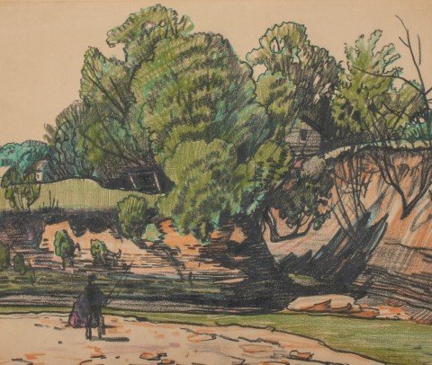 Landscape Conté Crayon and Gouache on Paper Drawing: 