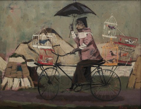 Cyclist with Birdcages and Umbrella by Louis Bosa