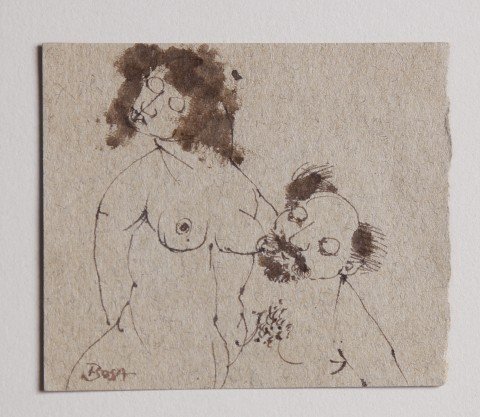Figurative Pen and Ink on Paper Drawing: