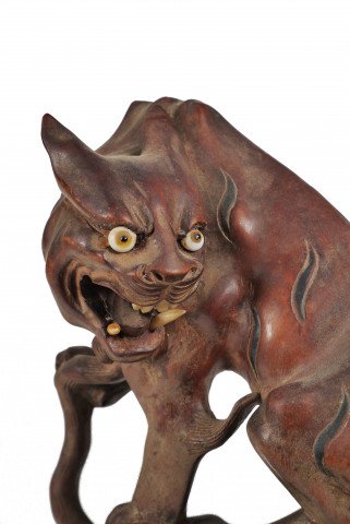 Asian Carved Snarling Wooden Tigers