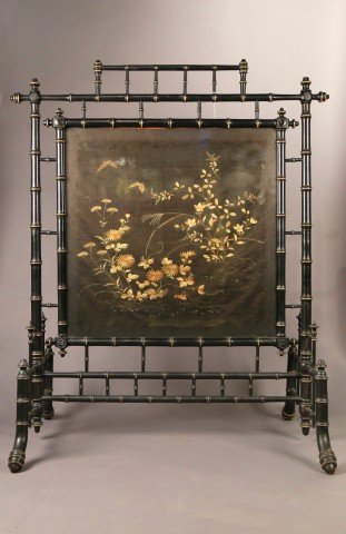 An Aesthetic Movement Fire Screen with Silk Embroidery Panel