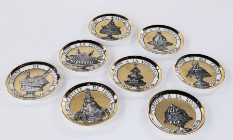 Set of Eight Fornasetti Coasters, Dinner At Eight, or Pranzo alle Otto