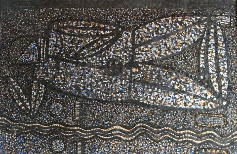 Figurative Colored and Metallic Inks on Paper Painting: