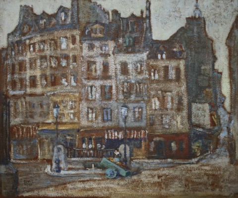 Landscape Oil on Board Painting: Latin Quarter, Paris painted by Grant Wood in 1920