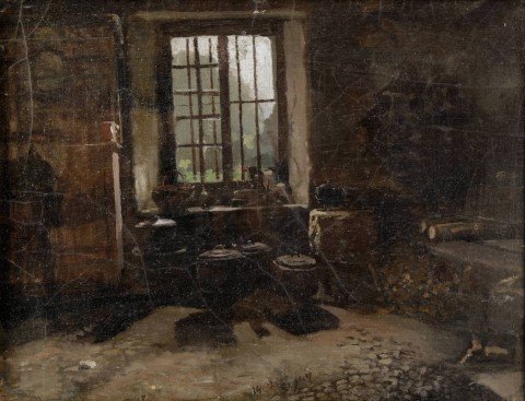 Kitchen Interior with View to a Garden by 19th Century Continental School