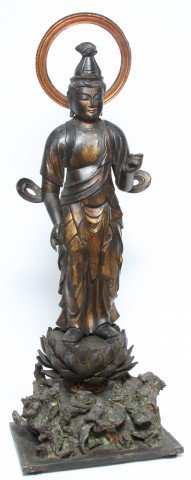 Japanese Gilt and Lacquer Carved Wood Kannon (Bodhisattva)