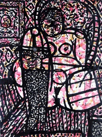 Abstract Figurative Colored Ink on Paper with Glazing Painting: