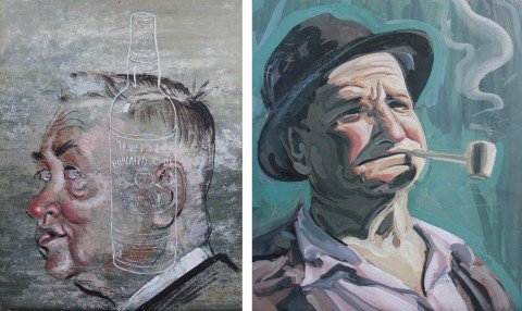 Figurative Gouache Painting on Cardboard Painting: