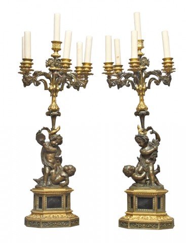 A Pair of Bronze and Gilt Bronze Candelabra