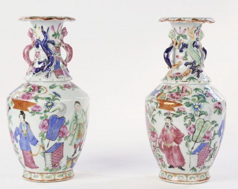 Pair of Chinese Export Polychrome Porcelain Vases