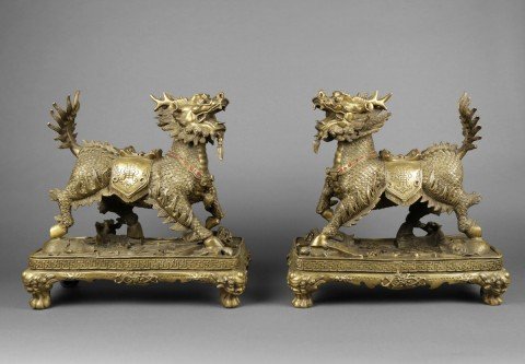Pair of Chinese Brass Qilin figures