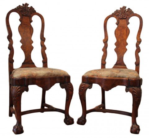 Portuguese Burl Walnut Colonial Rococo Style Side Chairs