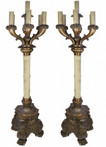 Pair of Monumental  Seven Light American Bronze Torcheres by 20th Century American School