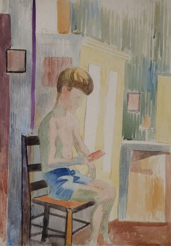 Shirtless Boy Reading by William Sommer (American, 1867-1949)
