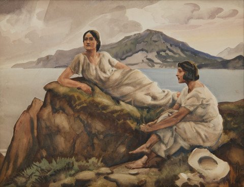 Two Girls Posed on Rocks on Bonaventure Island, Canada by Frank Nelson Wilcox