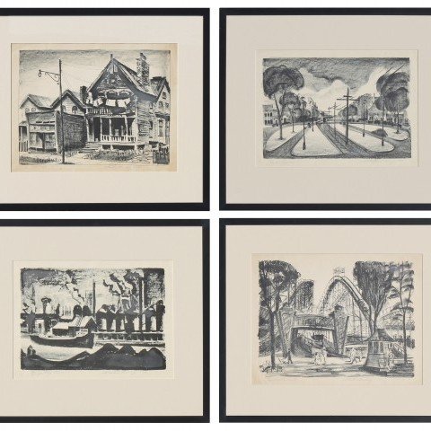 Four lithographs of Cleveland sites, 1946 by Martin Louis Linsey