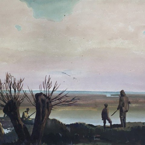 Landscape Figurative Watercolor on Whatman Board Painting: 