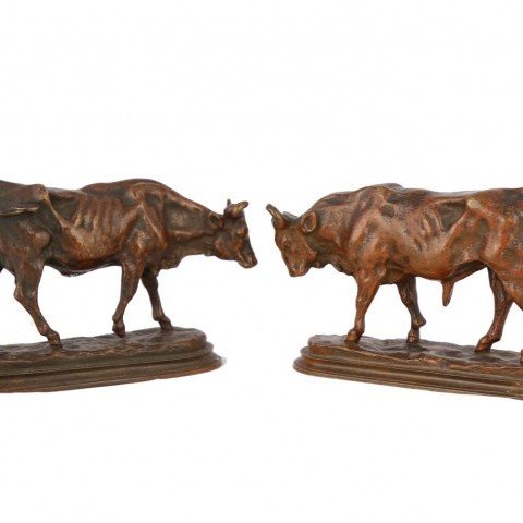 Pair of Bronze Sculptures, Bull and Cow