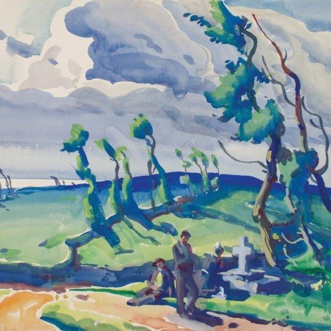 Figurative Landscape Watercolor and Gouache on Board Painting: 