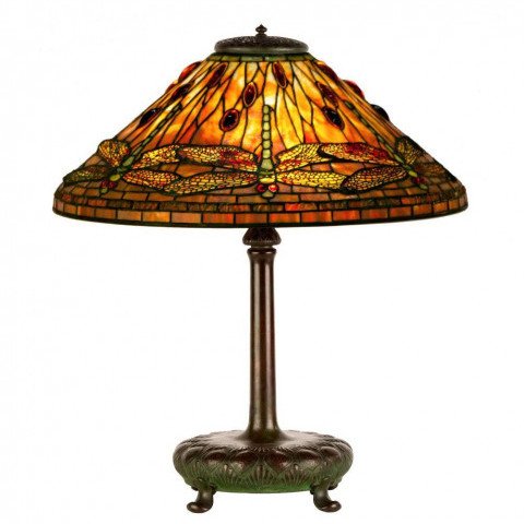 Tiffany Dragonfly Leaded Glass and Bronze Table Lamp