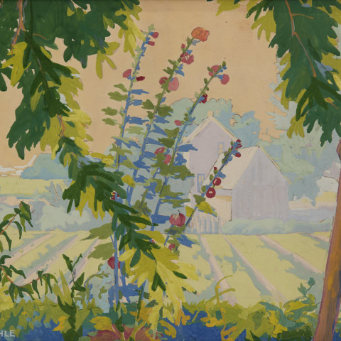 Farm Scene with Hollyhocks by August Frederick Biehle