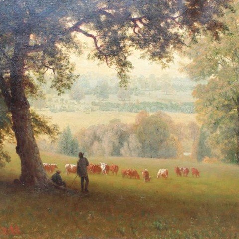 Hudson River Valley View with Cattle and Shepherds by Albert Bierstadt