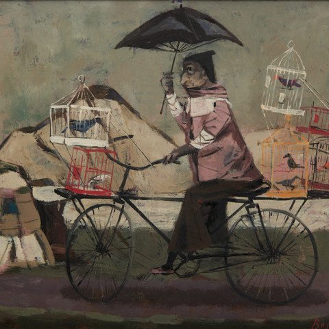 Cyclist with Birdcages and Umbrella by Louis Bosa