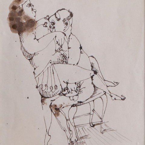 Figurative Pen and Ink on Paper Painting: