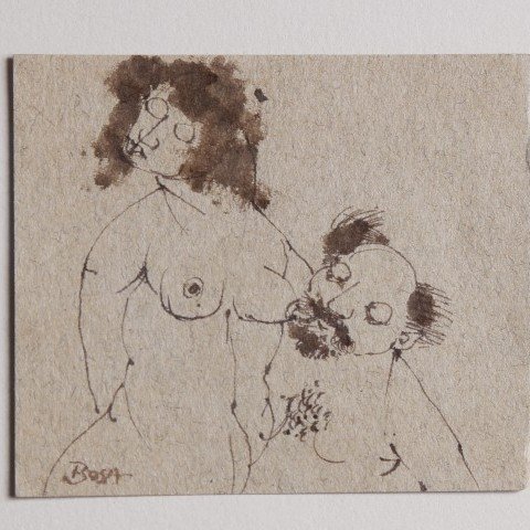 Figurative Pen and Ink on Paper Drawing: