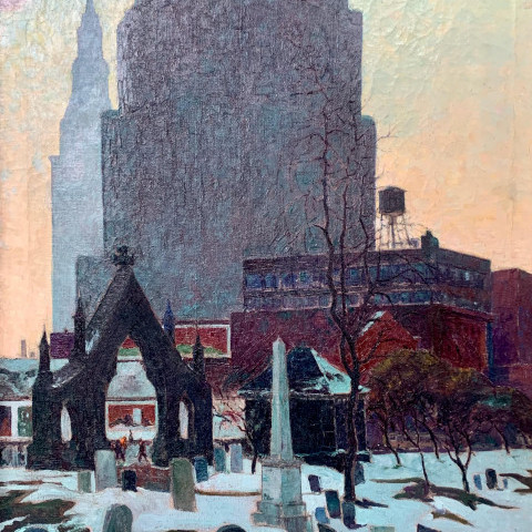 Landscape Oil on Canvas Painting: Memorials, Erie Street Cemetery, Downtown Cleveland by Adomeit 