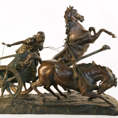 Giuseppe Ferrari 19th Century Bronze, Horse and Chariot