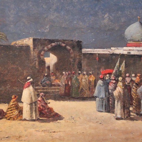 Paul Duvergne - Arabs Congregating Outside a Walled City