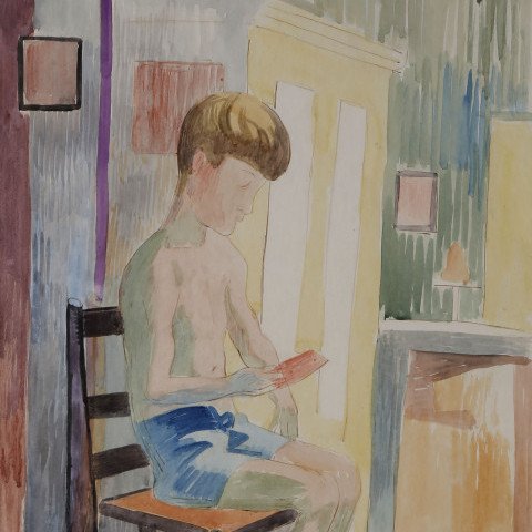 Shirtless Boy Reading by William Sommer