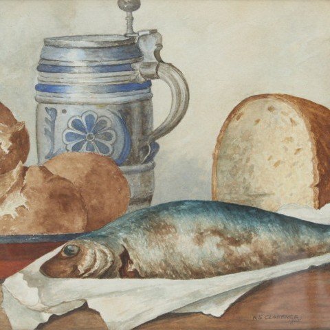 W. S. Clarence - Still Life with Fish, Bread and German Stein