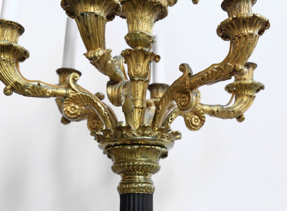 A very large pair of 19thc. French Empire period 13 light candelabras, fitted for electricity