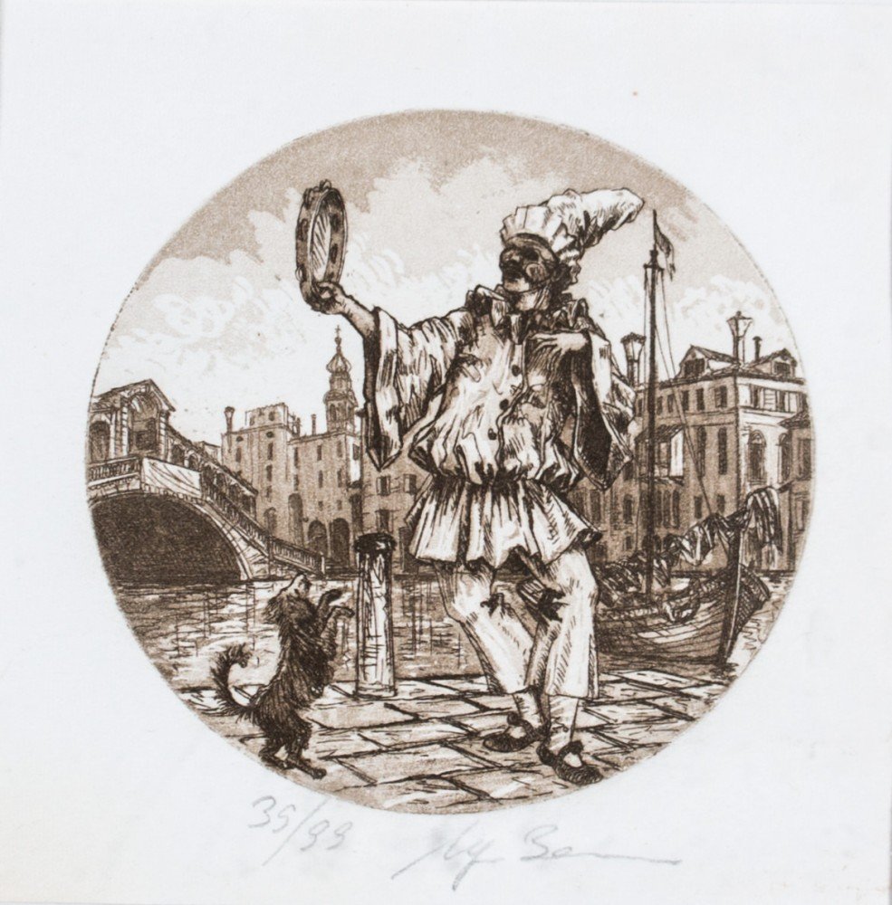 Four Etchings of Figures from Commedia dell ‘Arte Lion of St. Mark 