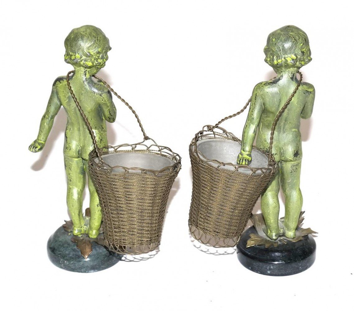 Pair of 19th Century Bronze Cupid Figures, Each Having a Basket for Condiments
