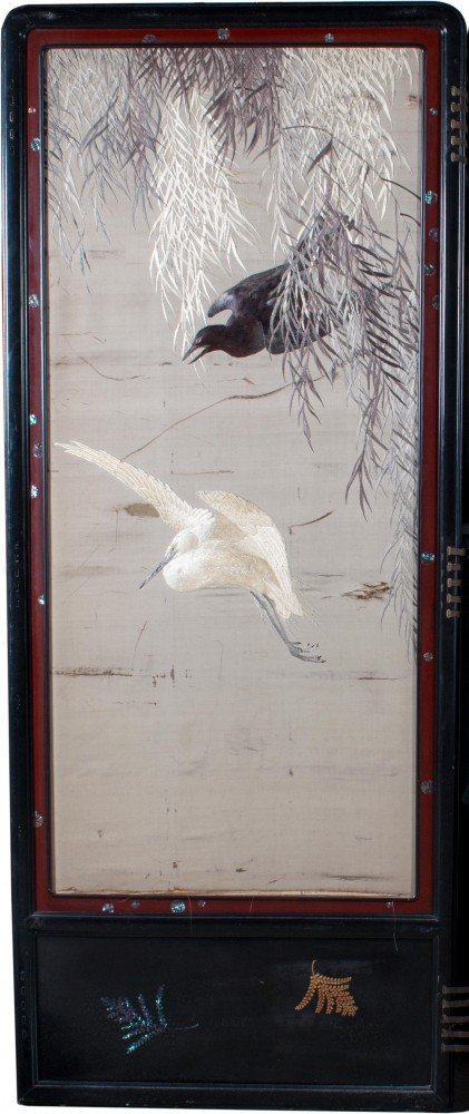 Two Panel Screen, 19th Century Japanese Silk Embroidery, Birds in Flight