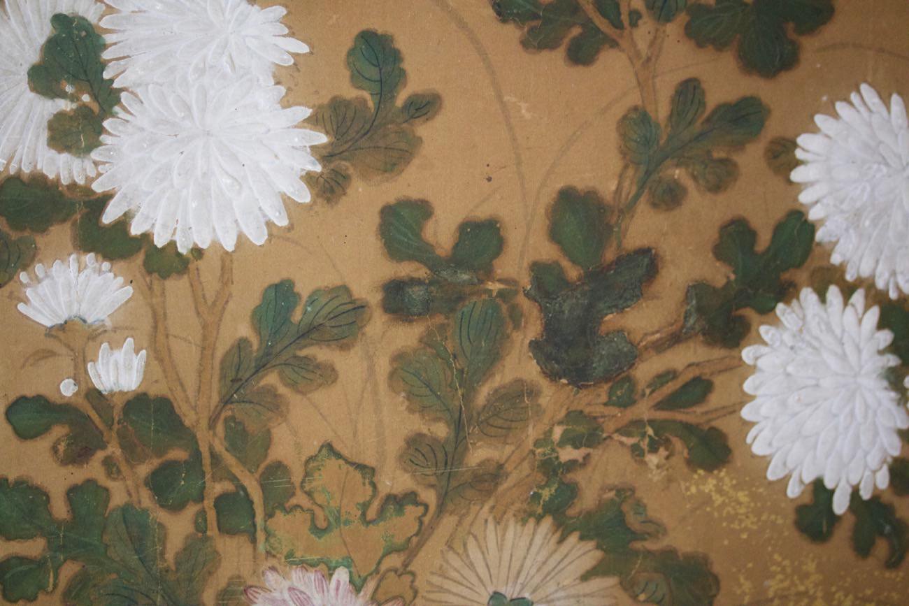 19th Century Japanese Two Panel Screen with Peonies, Meiji Period