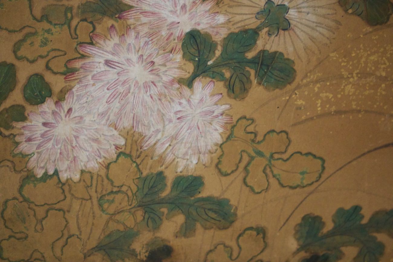 19th Century Japanese Two Panel Screen with Peonies, Meiji Period